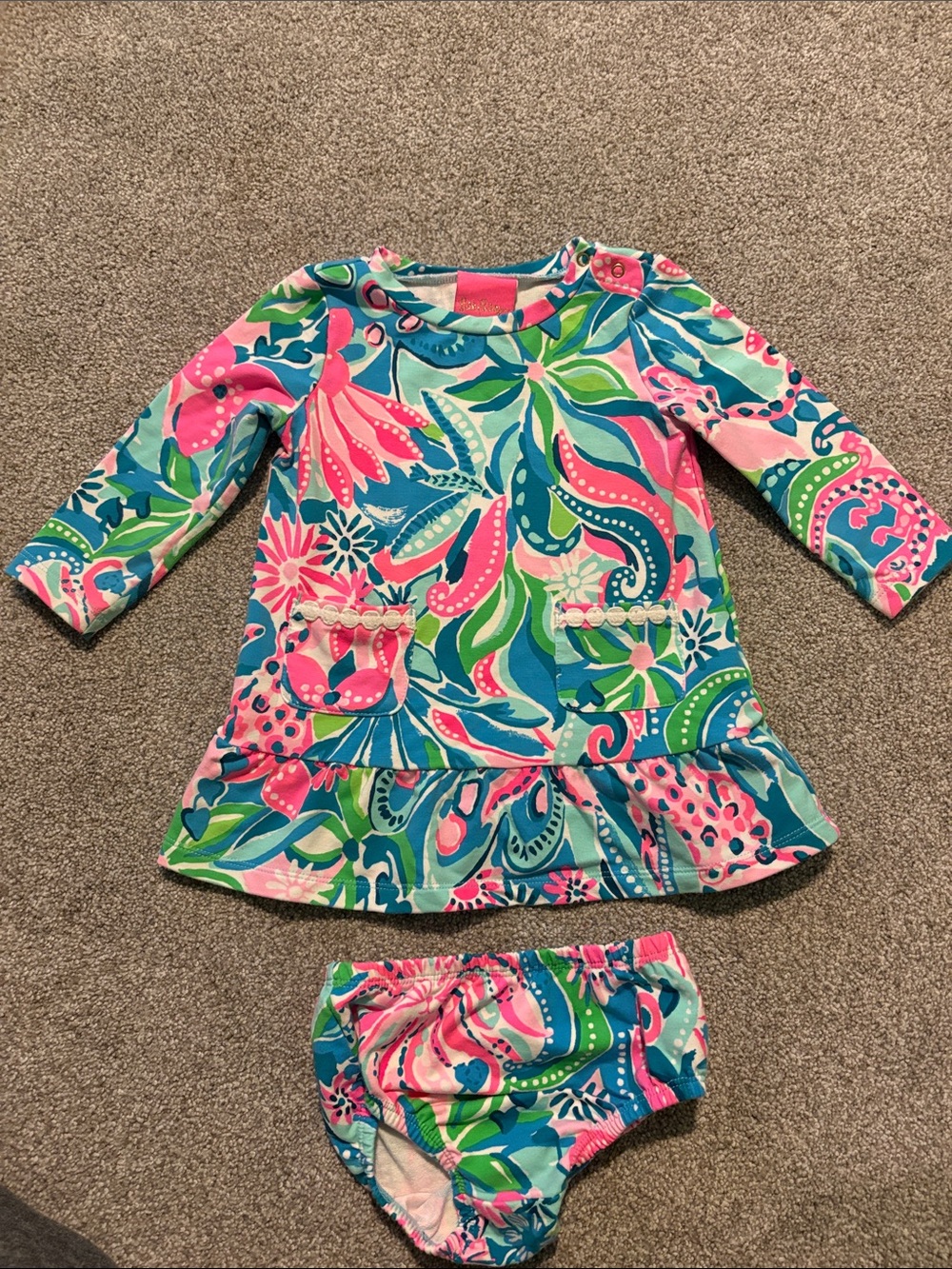 Lilly Pulitzer Pink, Teal & Green Floral Dress with Matching Bloomers